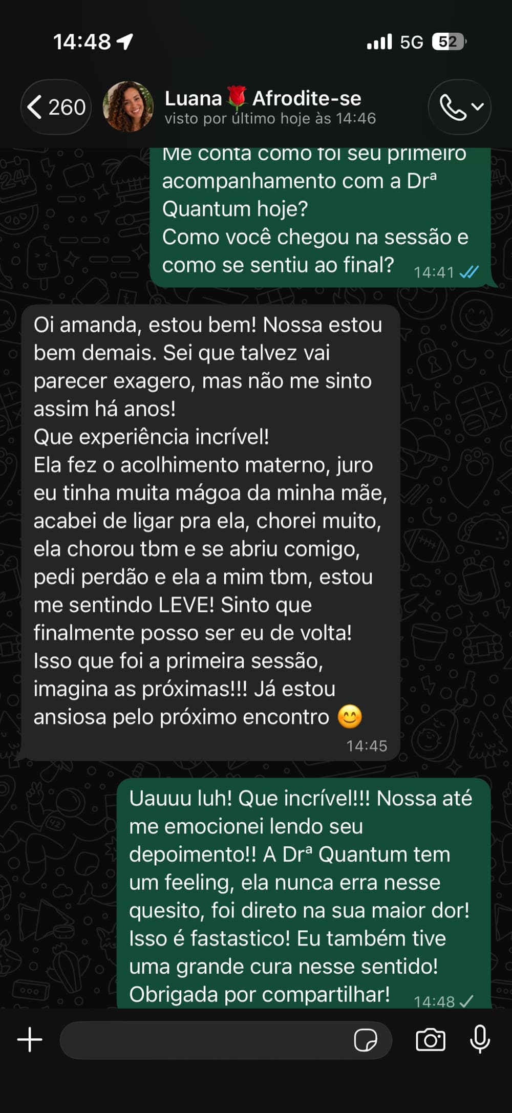 Depoimento de Luana sobre acolhimento e cura emocional já na primeira sessão com a Dra. Quantum