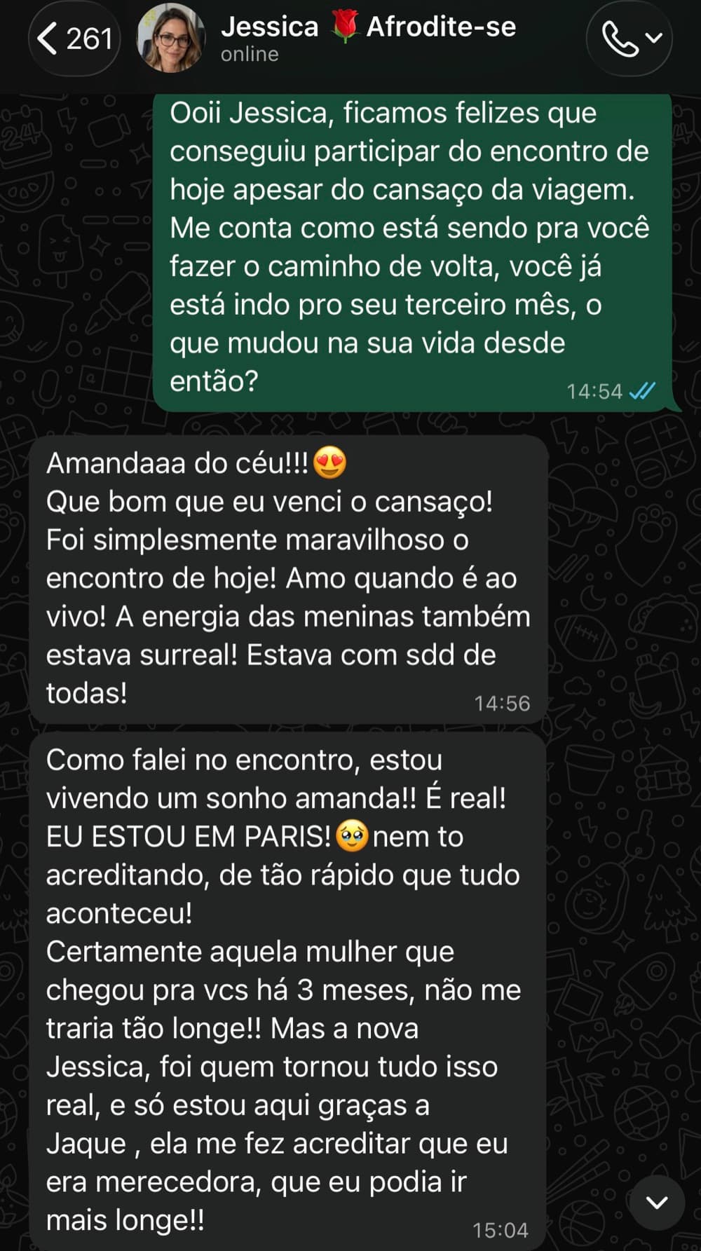 Depoimento de Jessica sobre confiança e conquistas pessoais após três meses de jornada