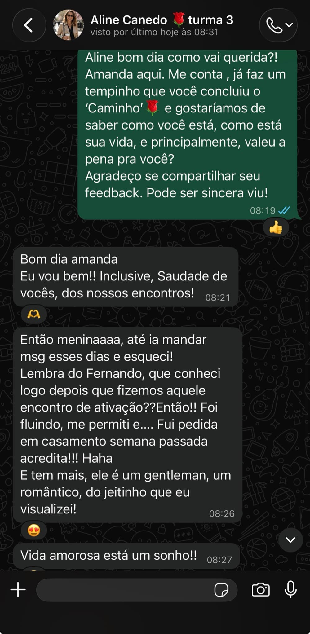 Depoimento de Aline sobre transformação na vida amorosa após concluir o processo