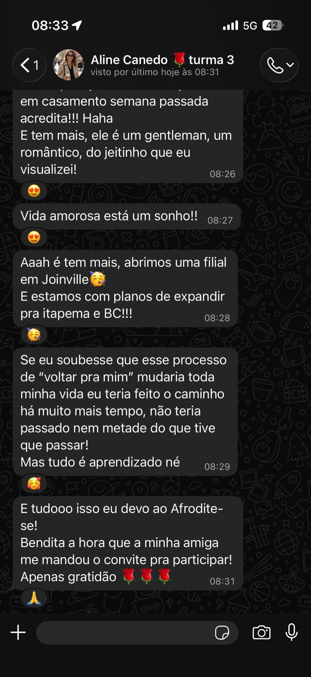 Depoimento de Aline sobre expansão profissional e gratidão pela jornada de autoconhecimento