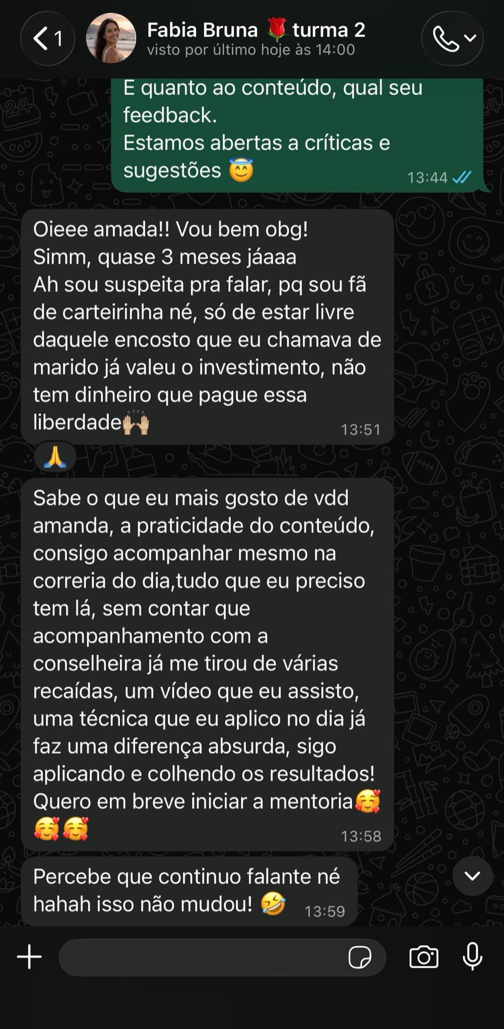 Depoimento de Fabia sobre liberdade emocional e resultados práticos do acompanhamento