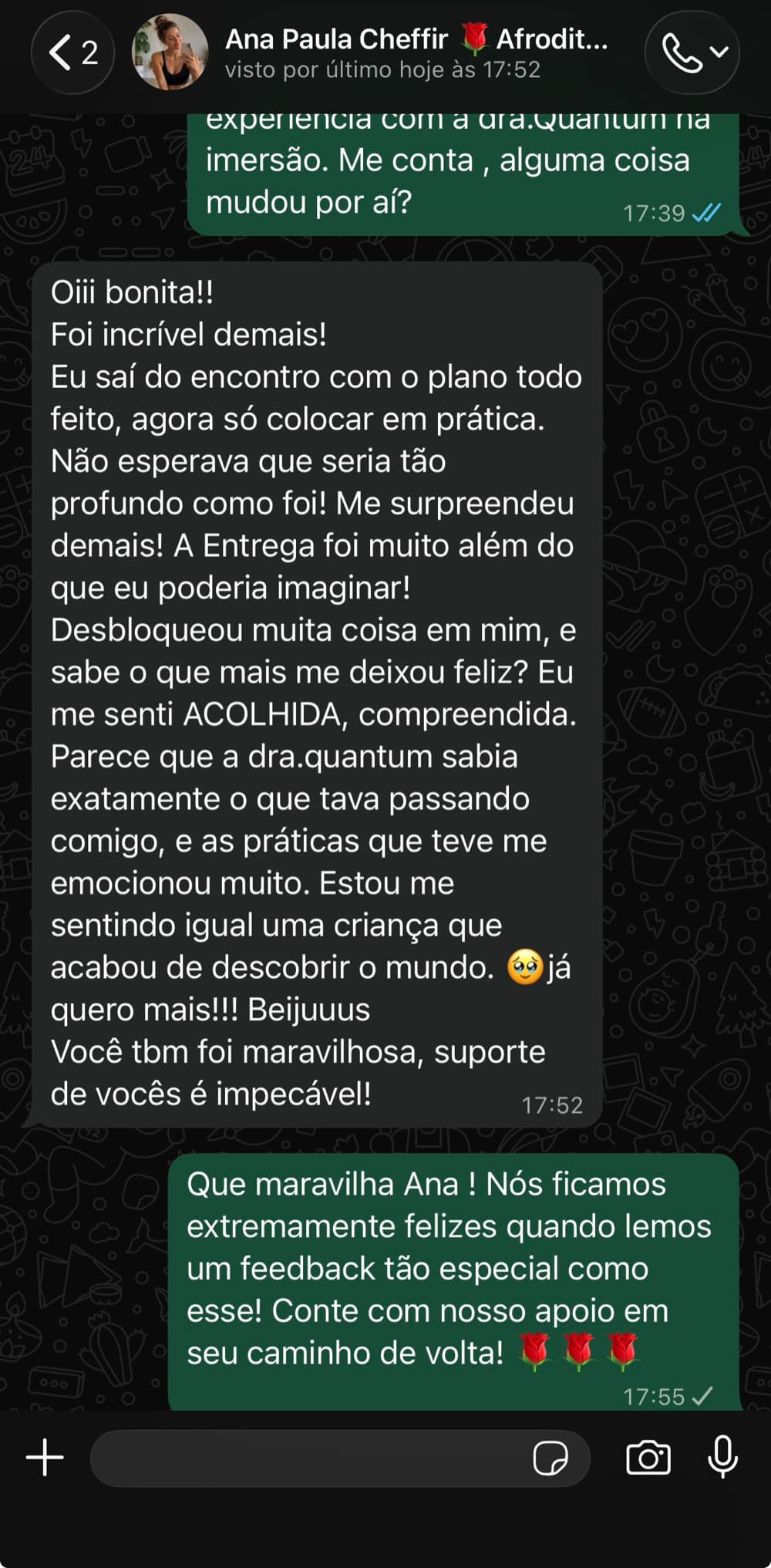 Depoimento de Ana Paula sobre acolhimento e profundidade vividos na imersão com a Dra. Quantum