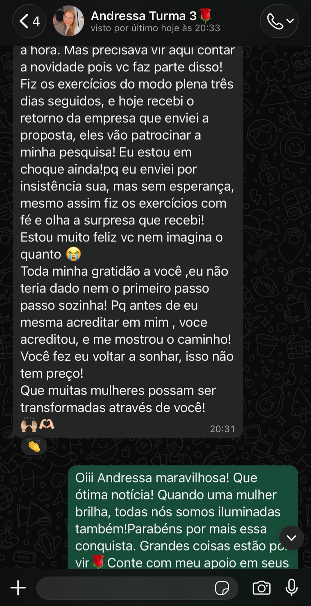 Depoimento de Andressa sobre realização de sonho após aplicar os exercícios do Método Plena